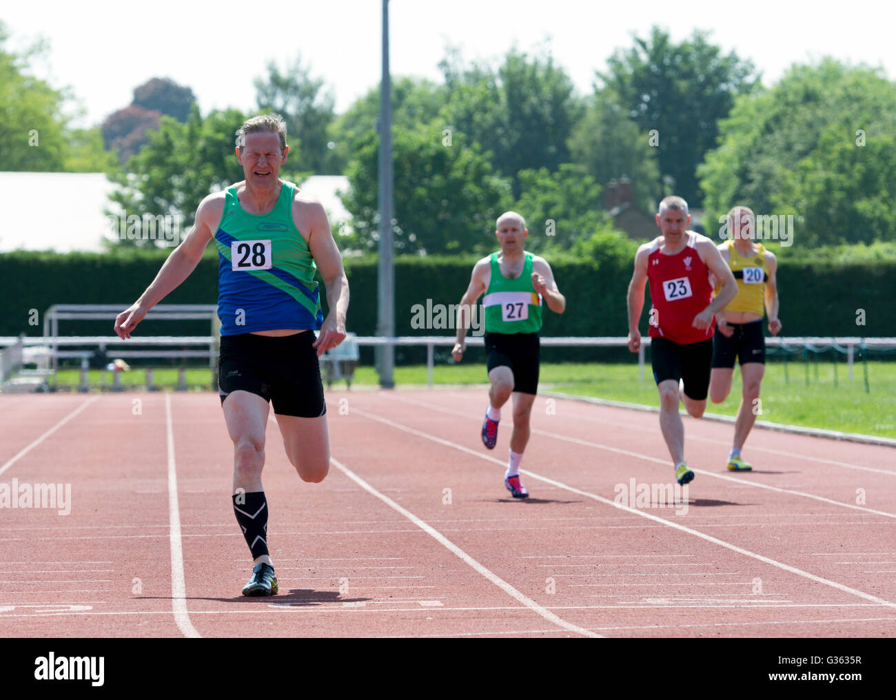 Masters athletics UK. Men`s 200m race. Stock Photo